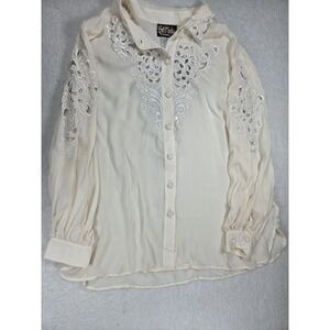 Bob Mackie Wearable Art Silk Blouse 2X Embroidered Sheer Button Front Boho...